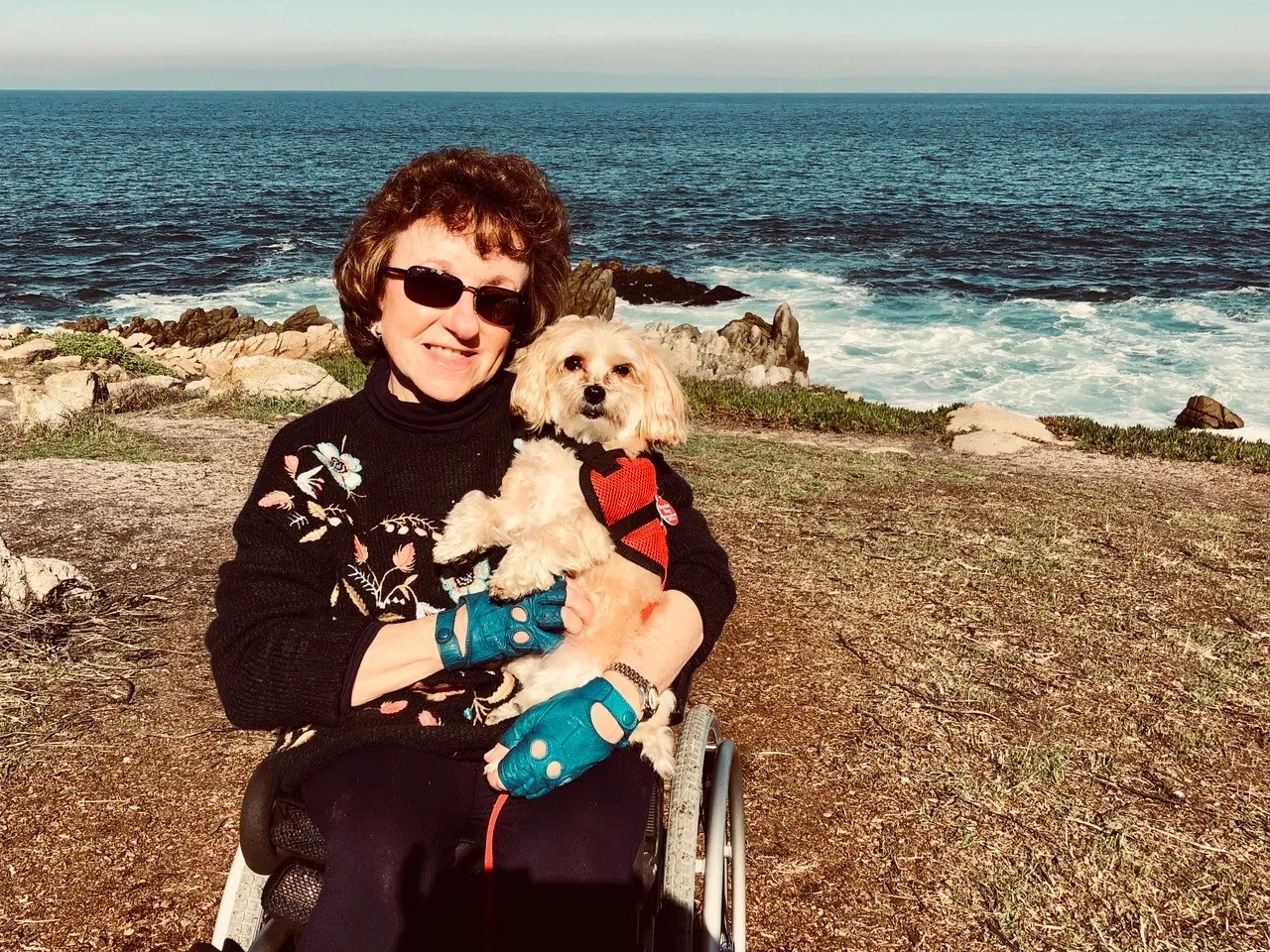 A Woman sitting in the wheel chair and holding a puppy