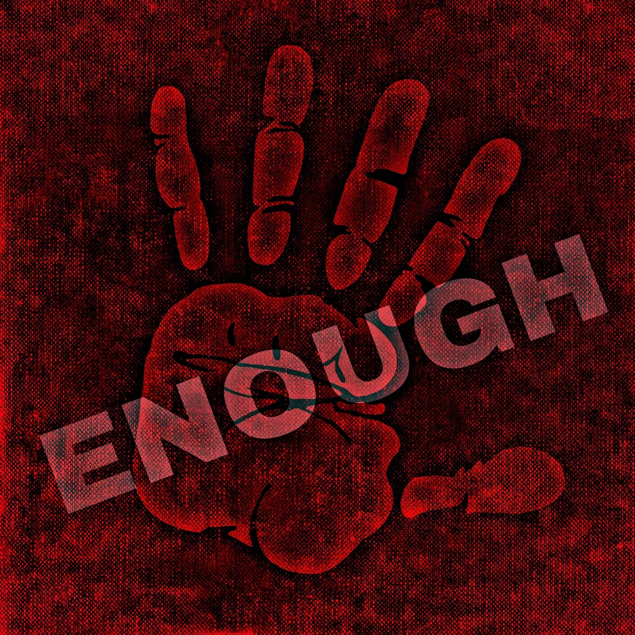 A handprint with the word “Enough” written in red color