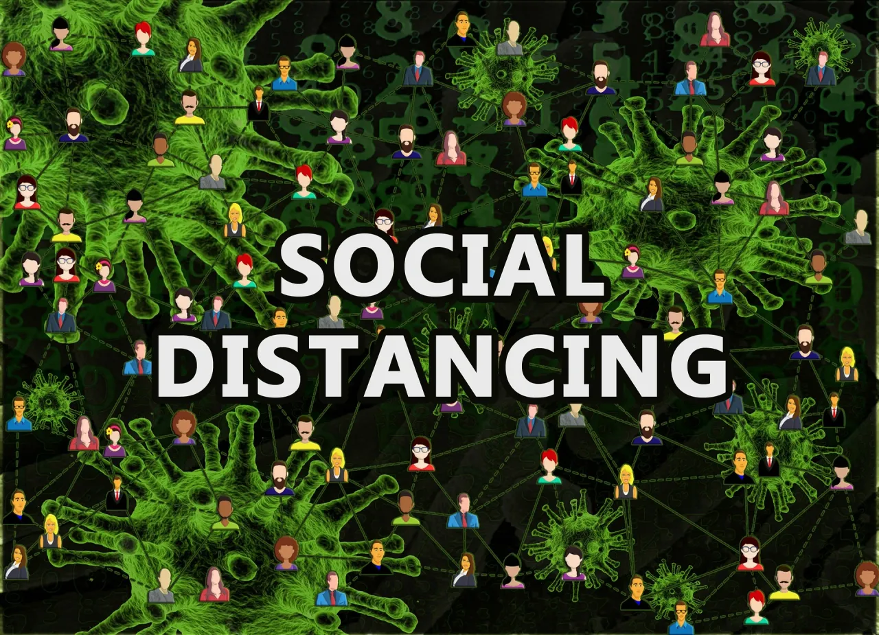 A poster on Social Distancing with virus background