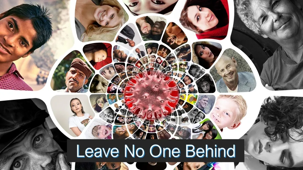 A collage of people pictures with message - leave no one behind inclusion