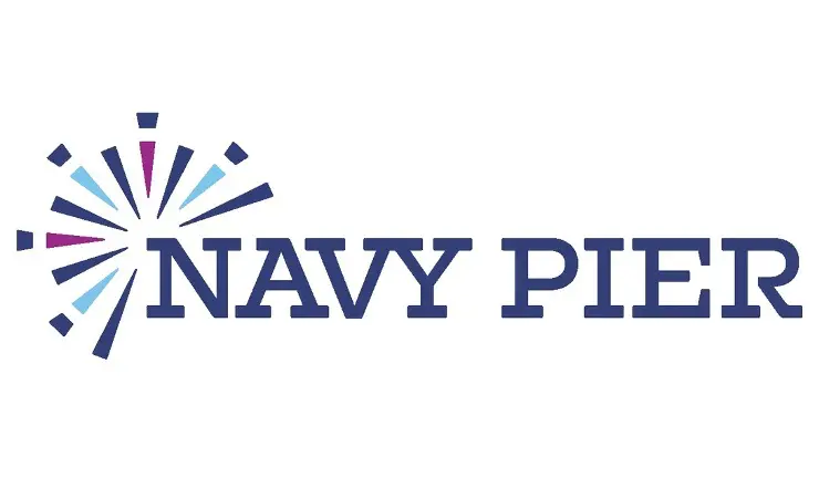 Navy pier logo with a stylized graphical element above the text.