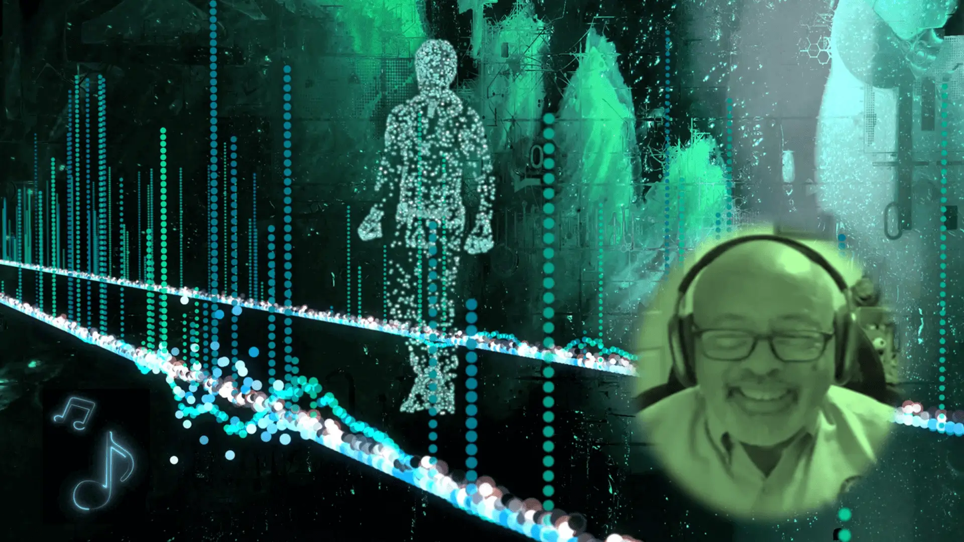 Digital music silhouette and smiling headphone user