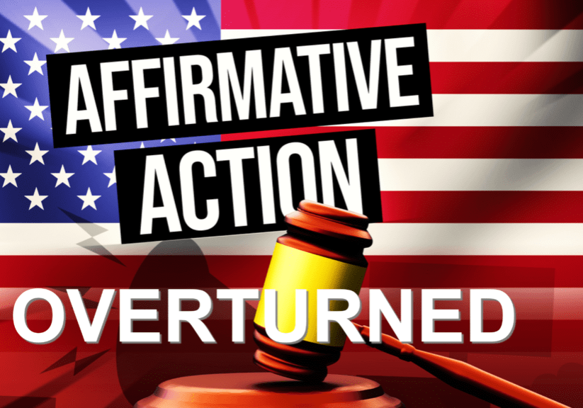 The words “Affirmative Action Overturned” written with the USA’s national flag at the back